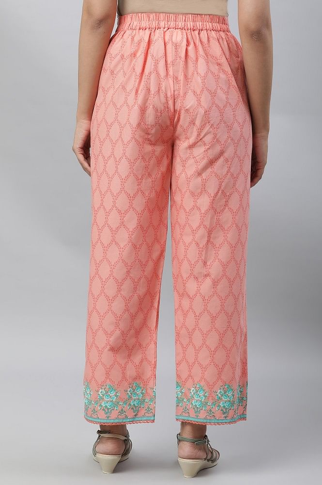 Women Peach Solid Relaxed Gold Print Palazzo Pants with Elastic Drawstring  (Free Size) - MENSIMPRESSION - 3878130